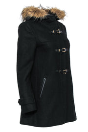 Current Boutique-Cole Haan - Black Buttoned & Zippered Hooded Coat w/ Faux Fur Trim Sz 6