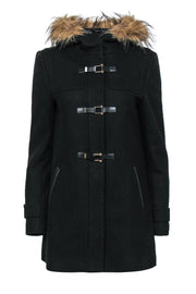 Current Boutique-Cole Haan - Black Buttoned & Zippered Hooded Coat w/ Faux Fur Trim Sz 6