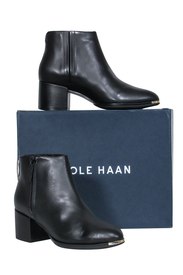 Current Boutique-Cole Haan - Black Leather Block Heel Booties w/ Silver-Toned Hardware Sz 6.5