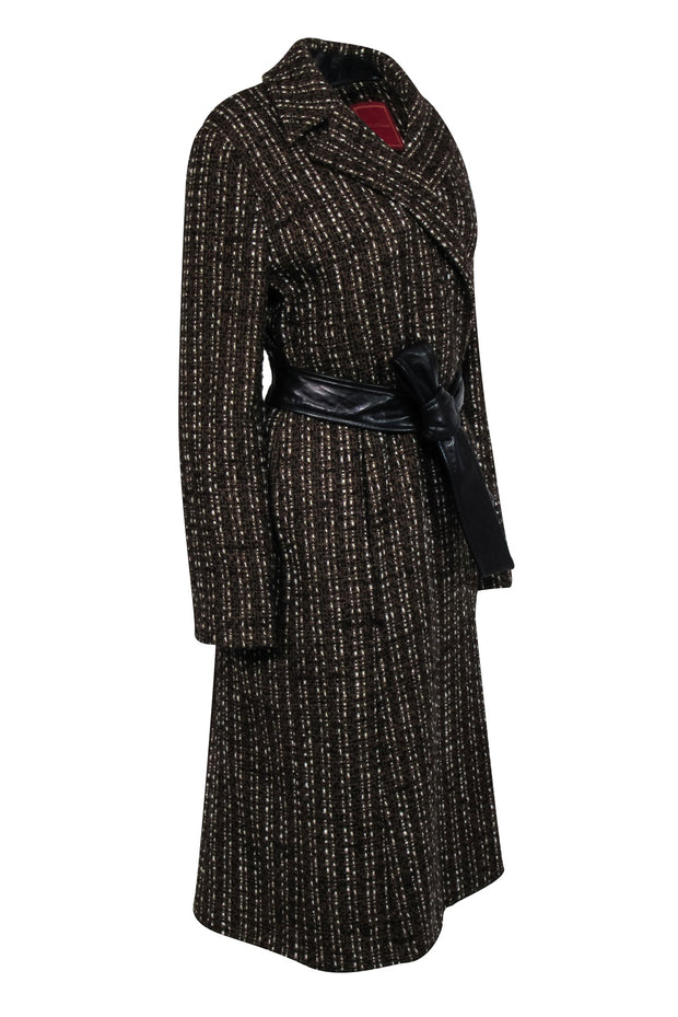 Current Boutique-Cole Haan - Brown & Black Tweed Long Line Coat w/ Black Leather Tie Belt Sz L