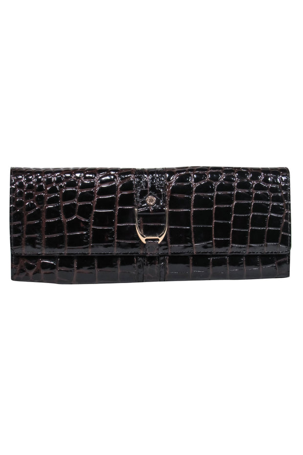 Current Boutique-Cole Haan - Brown Patent Leather Crocodile Embossed Clutch