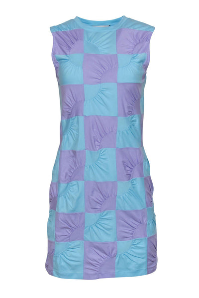 Current Boutique-Coperni - Aqua & Lilac Patchwork Sleeveless Shift Dress w/ Wavy Seam Detail Sz M