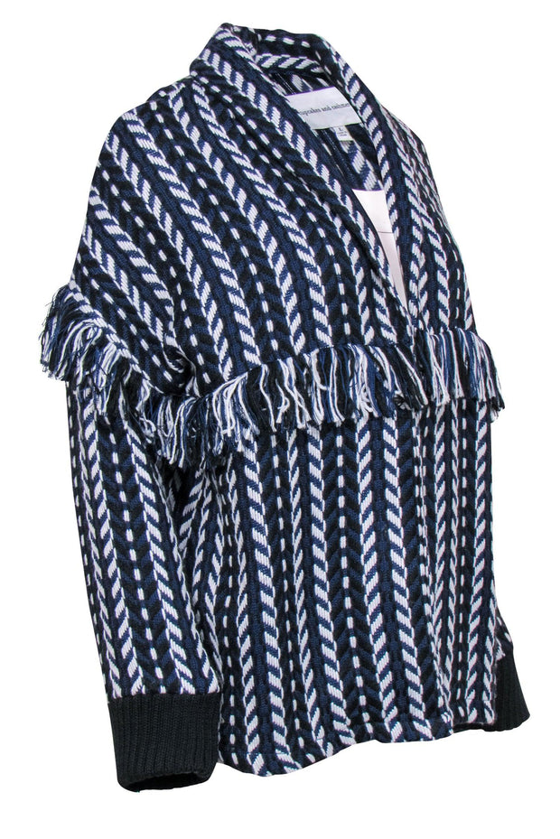 Current Boutique-Cupcakes & Cashmere - Navy, Black & White Knit Fringed Open Front Cardigan Sz L