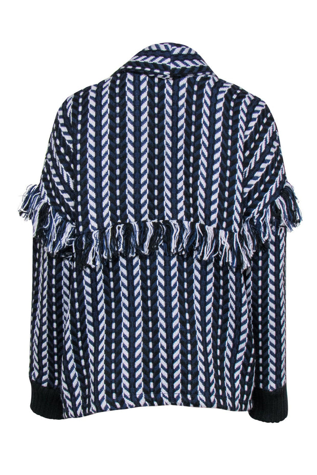 Current Boutique-Cupcakes & Cashmere - Navy, Black & White Knit Fringed Open Front Cardigan Sz L