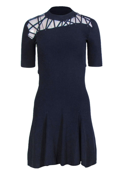 Current Boutique-Cushnie et Ochs - Navy Ribbed Flared Dress w/ Crisscross Neckline Sz S