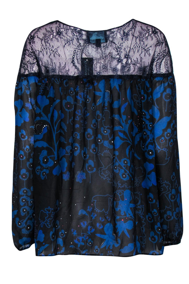 Current Boutique-Cynthia Rowley - Cobalt Blue Floral Long Sleeve Blouse w/ Lace Details Sz M