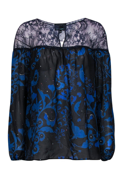 Current Boutique-Cynthia Rowley - Cobalt Blue Floral Long Sleeve Blouse w/ Lace Details Sz M