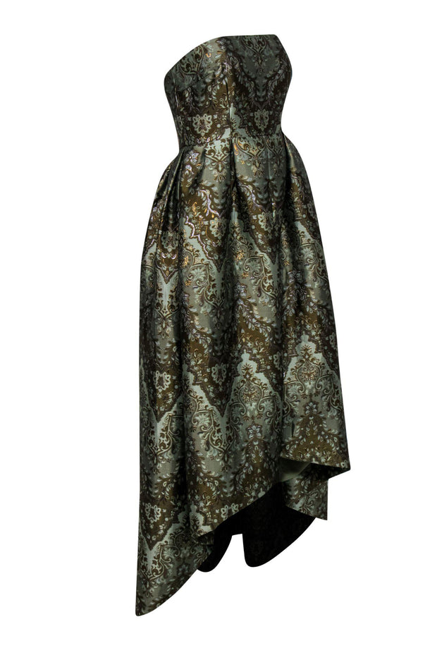 Current Boutique-Cynthia Rowley - Green Metallic Brocade Print Strapless High-Low Gown Sz 4