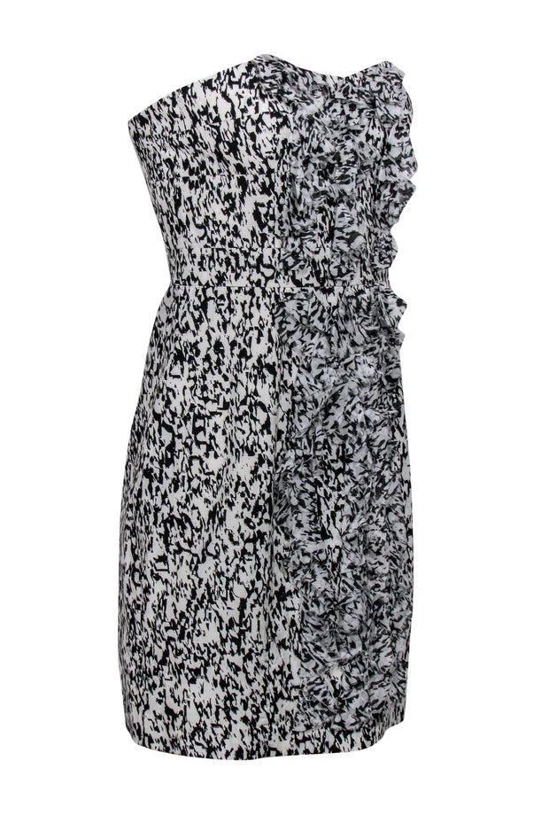 Current Boutique-Cynthia Steffe - White & Black Printed Ruffle Strapless Sheath Dress Sz 6