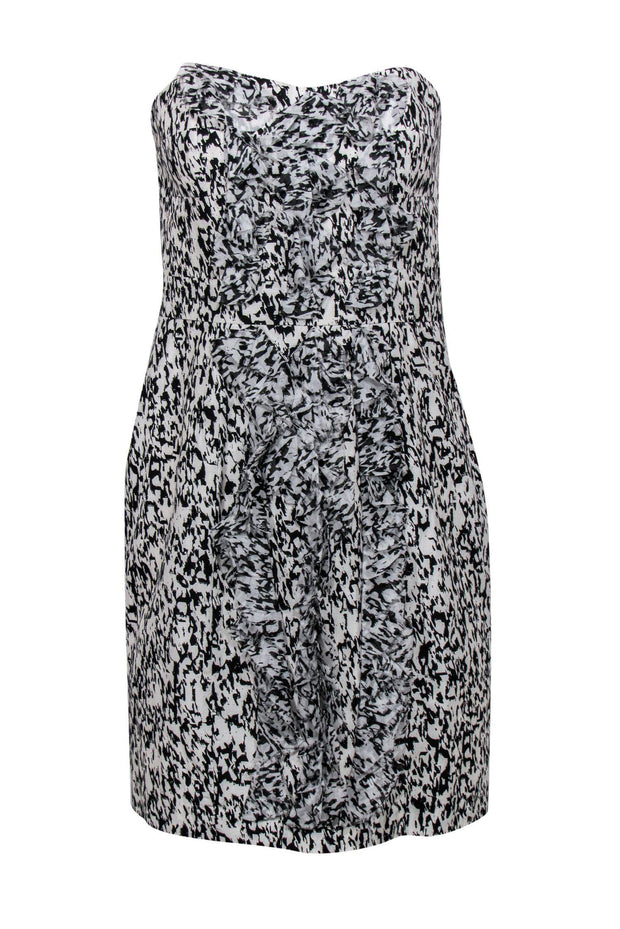 Current Boutique-Cynthia Steffe - White & Black Printed Ruffle Strapless Sheath Dress Sz 6