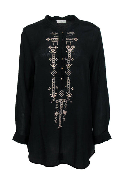 Current Boutique-DAY Birger et Mikkelsen - Black Long Sleeve Tunic Blouse w/ Embroidery Sz M