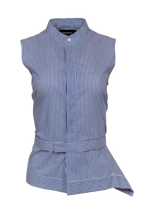 Current Boutique-DSQUARED2 - Blue & White Striped Button Down Top w/ Hem Details Sz 8