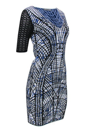 Current Boutique-D. Exterior - Blue, Black & White Abstract Print Short Sleeve Knit Bodycon Dress Sz 4