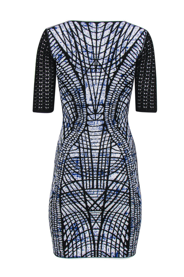 Current Boutique-D. Exterior - Blue, Black & White Abstract Print Short Sleeve Knit Bodycon Dress Sz 4