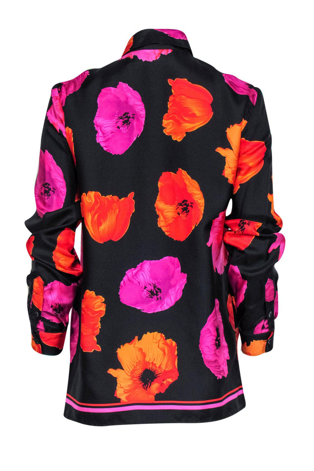 Current Boutique-Dana Buchman - Black, Orange & Pink Floral Silk Blouse Sz 4