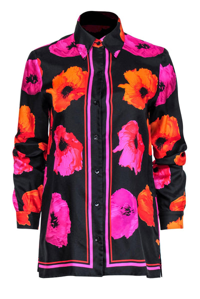 Current Boutique-Dana Buchman - Black, Orange & Pink Floral Silk Blouse Sz 4