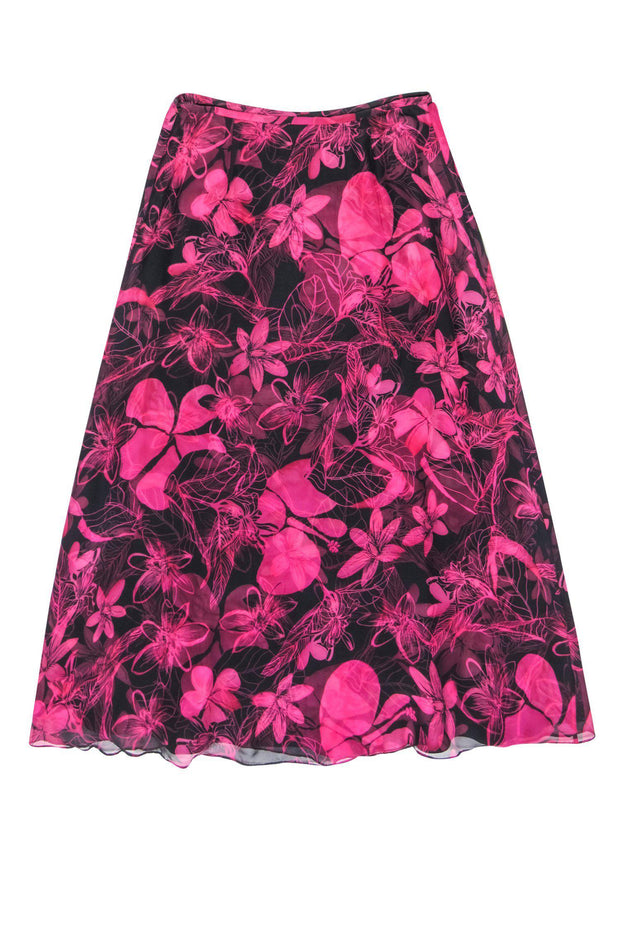 Current Boutique-Dana Buchman - Black & Pink Floral Printed Silk Maxi Skirt Sz 6