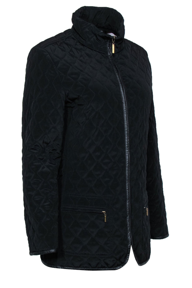 Current Boutique-Dana Buchman - Black Quilted Zip-Up Jacket w/ Leather Trim & Leopard Print Lining Sz S