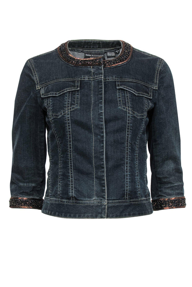 Current Boutique-Dana Buchman - Dark Wash Denim Cropped Jacket w/ Beading Sz 4P