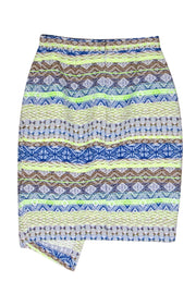 Current Boutique-Daniela Corte - Blue, Brown & Neon Green Tribal Print Pencil Skirt w/ Draped Front Sz XS