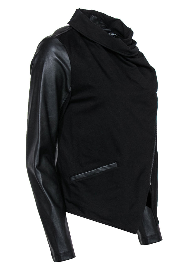 Current Boutique-David Lerner - Black Zip-Up Draped Jacket w/ Faux Leather Sleeves Sz M