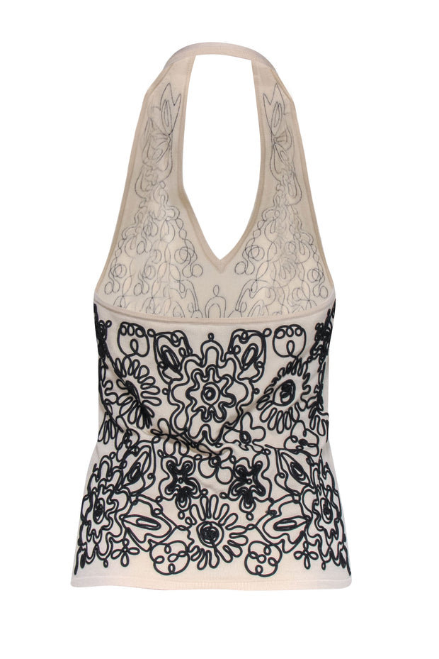 Current Boutique-David Meister - Cream Knit Halter Top w/ Black Textured Embroidery Sz M