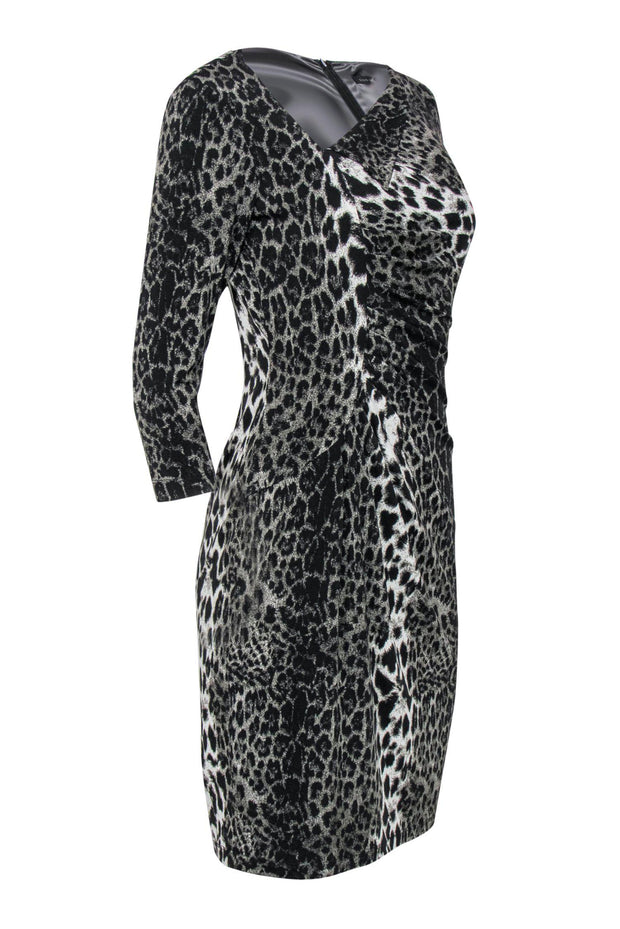 Current Boutique-David Meister - Olive, Black & White Leopard Print Quarter Sleeve Ruched Sheath Dress Sz 4