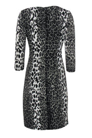 Current Boutique-David Meister - Olive, Black & White Leopard Print Quarter Sleeve Ruched Sheath Dress Sz 4