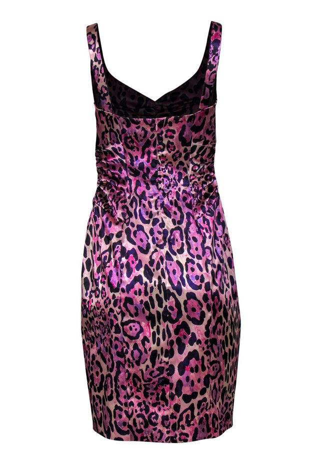 Current Boutique-David Meister - Purple & Pink Leopard Print Sleeveless Ruched Sheath Dress Sz 4