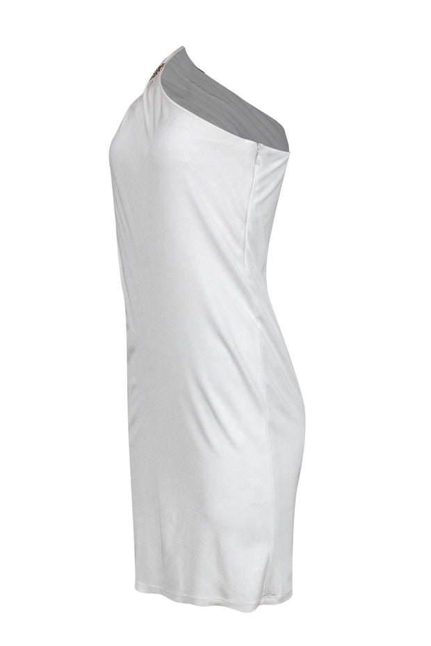 Current Boutique-David Meister - White One-Shoulder Shift Dress w/ Gold Studs Sz 4