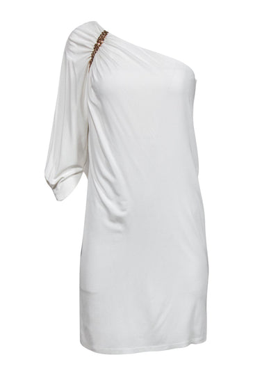 Current Boutique-David Meister - White One-Shoulder Shift Dress w/ Gold Studs Sz 4