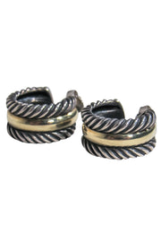 Current Boutique-David Yurman - Silver & Gold Etched Small Open Hoop Earrings