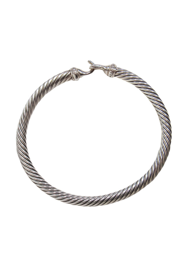 Current Boutique-David Yurman - Silver Twisted Clasp Bangle Bracelet w/ Diamonds