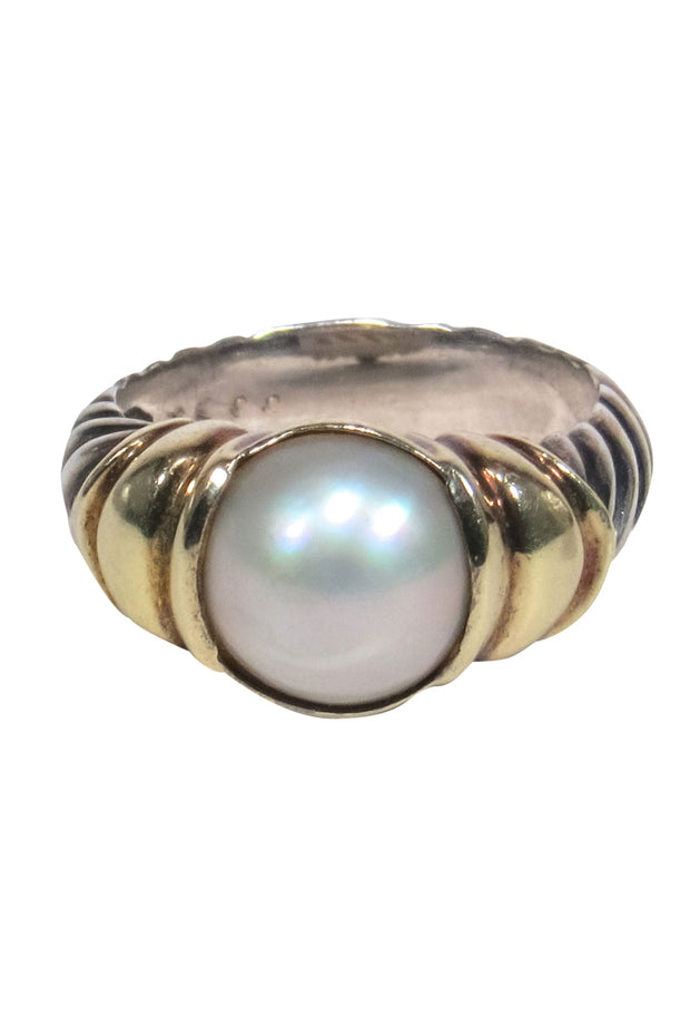 Current Boutique-David Yurman - Sterling Silver & Gold Twist Textured Ring w/ Opal Pearl Sz 6.5