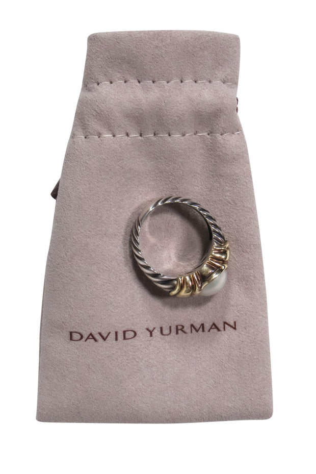 Current Boutique-David Yurman - Sterling Silver & Gold Twist Textured Ring w/ Opal Pearl Sz 6.5