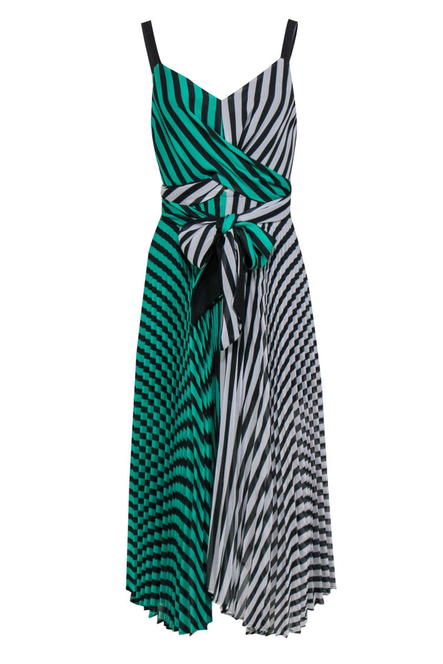 Current Boutique-Delfi - Green & White Striped Pleated Maxi Faux Wrap Dress Sz XS