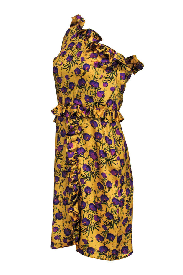 Current Boutique-Delfi - Yellow Floral Print One-Shoulder Dress w/ Ruffles Sz S