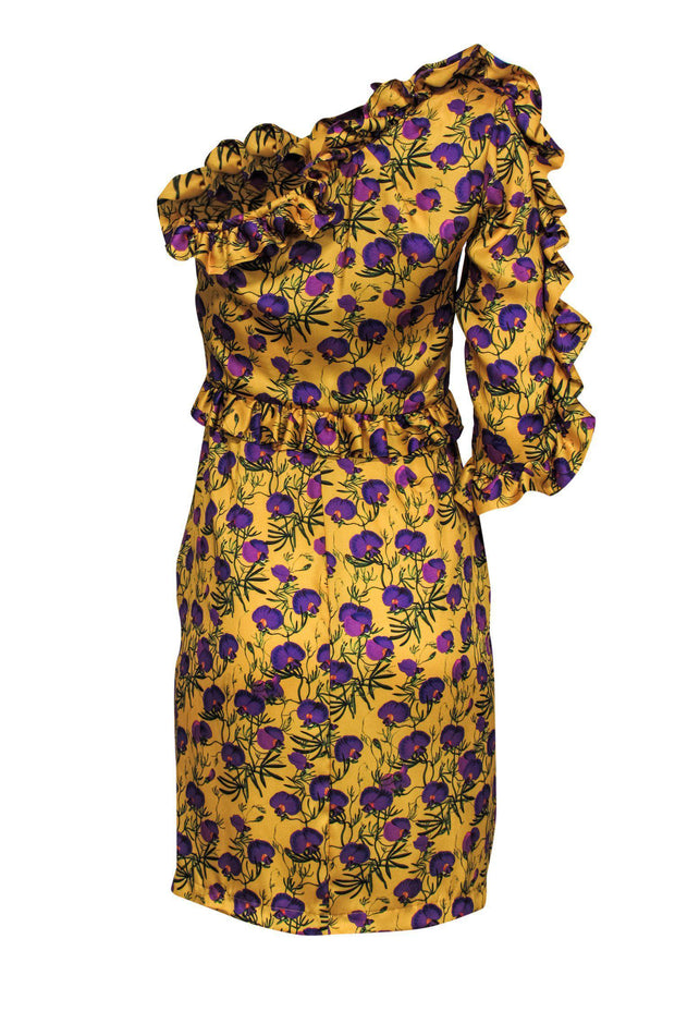 Current Boutique-Delfi - Yellow Floral Print One-Shoulder Dress w/ Ruffles Sz S