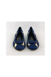 Current Boutique-Delman - Blue Satin & Gold Flats Sz 6