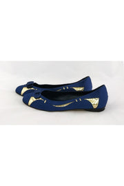 Current Boutique-Delman - Blue Satin & Gold Flats Sz 6