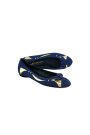 Current Boutique-Delman - Blue Satin & Gold Flats Sz 6