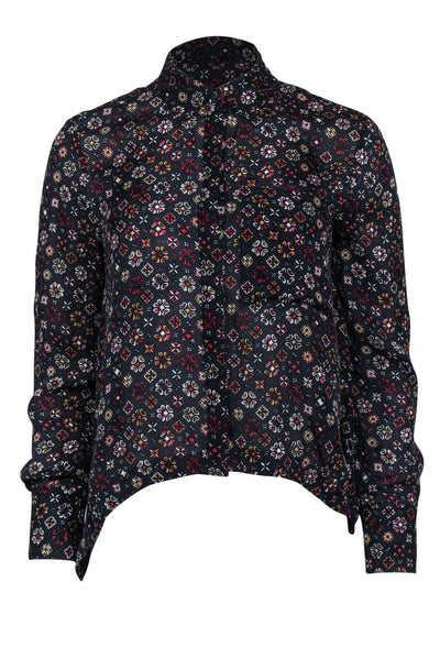 Current Boutique-Derek Lam 10 Crosby - Navy Floral Print Silk Cropped Blouse Sz 2