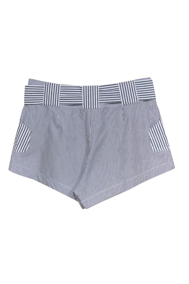 Current Boutique-Derek Lam 10 Crosby - White & Grey Striped Coton Shorts w/ Tie Belt Sz 2