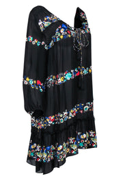 Current Boutique-Derek Lam - Black Floral Silk Peasant Dress w/ Tassel Ties Sz L