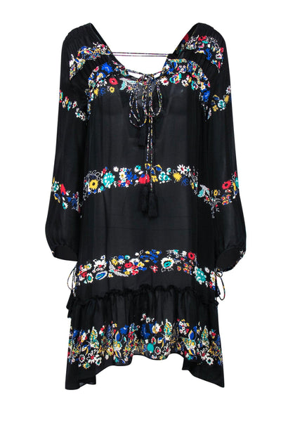 Current Boutique-Derek Lam - Black Floral Silk Peasant Dress w/ Tassel Ties Sz L