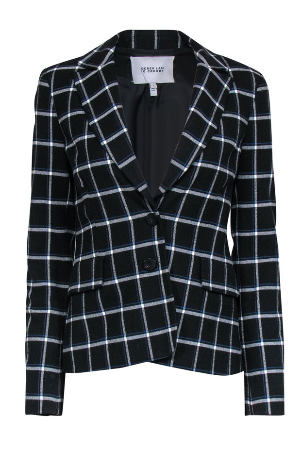 Current Boutique-Derek Lam - Black, White & Blue Plaid Single Breasted Blazer Sz 4