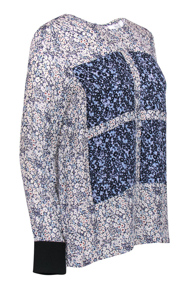 Current Boutique-Derek Lam - Blue & Ivory Floral Silk Window Pane Blouse Sz 6