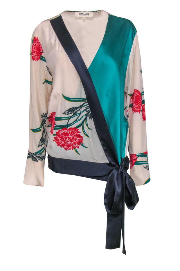 Current Boutique-Diane von Furstenberg - Beige, Green & Red Floral Print Silk Wrap Blouse Sz M