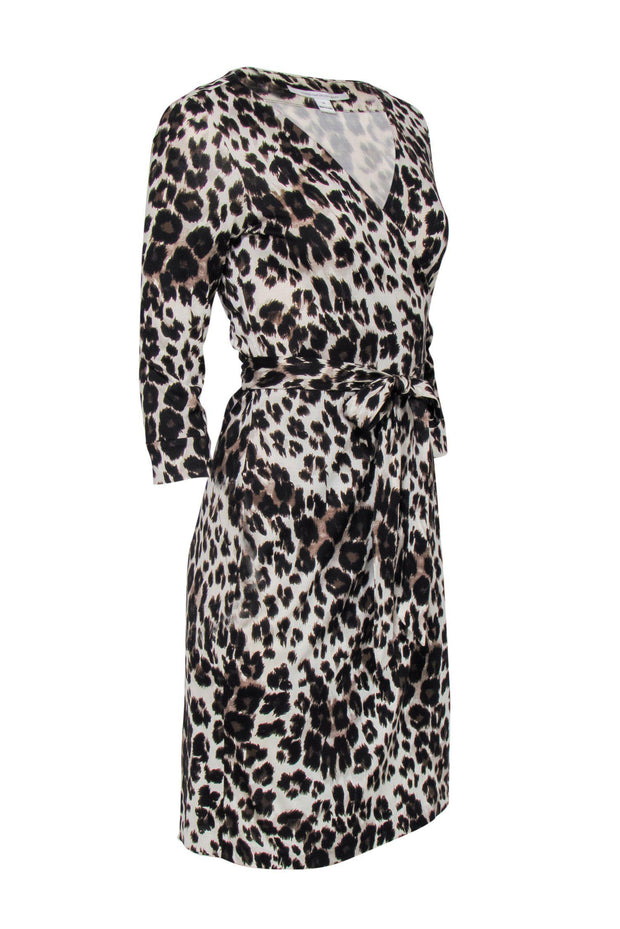 Current Boutique-Diane von Furstenberg - Beige Leopard Print Long Sleeve Silk Wrap Dress Sz 10