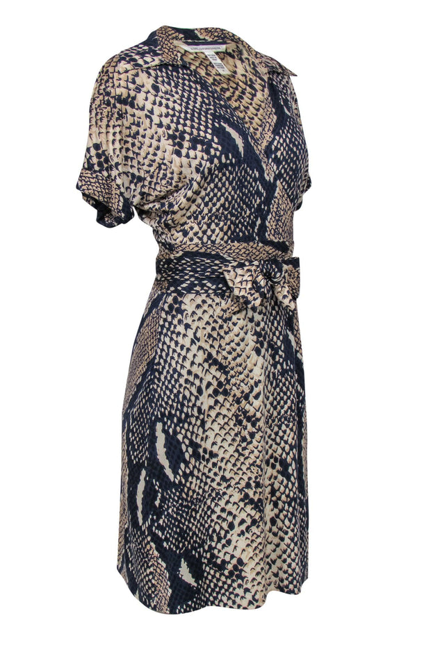 Current Boutique-Diane von Furstenberg- Beige & Navy Snakeskin Print Silk Wrap Dress Sz 12